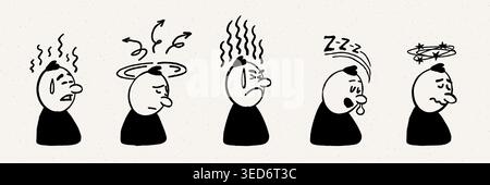 Comic-Charakter-Emotion-Set mit Kritzelgesichtern und Bewegungseffekten, die Angst, Schwindel und Schlaf in einem einfachen handgezeichneten Stil zeigen. Comic-Charakter Stock Vektor