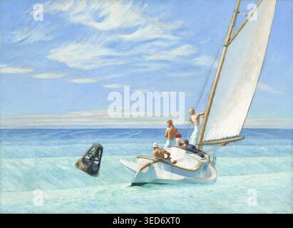 Dieses Gemälde von Edward Hopper aus dem Jahr 1939 mit dem Titel „Ground Swell“ zeigt fünf Figuren auf einem Segelboot, das in abgehacktem türkisfarbenem Wasser in der Nähe einer dunklen Boje navigiert. Die Szene fängt einen Moment nautischer Aktivität unter einem hellen, wolkenbedeckten Himmel ein, der für Hoppers charakteristischen Stil charakteristisch ist. Das Gemälde ist bekannt für seine stimmungsvolle Stimmung und die meisterhafte Verwendung von Licht. Stockfoto