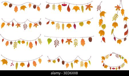 Herbstblattgirlanden. Saisonale Dekorationen für die Herbstferien. Getrocknete Blätter hängen an einem Seil. Baum Elemente Ornamente, Natur Dekora Design, sapid Vektor Stock Vektor