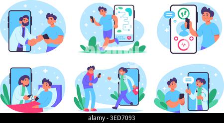 Medizinische mobile App. Gadgets und Online-Services für die Remote-Integritätsüberwachung exakte Vektorillustrationssatz Stock Vektor