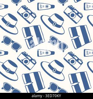 Nahtloses Reisemuster mit Kamera, Hut, Shorts, Sonnencreme, Sonnenbrille. Sommerurlaub-Element. Strand Urlaub Illustration in flachem Stil für Stoff Stock Vektor