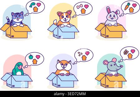 Haustiere Annahme Cartoon flache Illustration nette Tiere in Boxen Pastel Farben nette Tiere Annahme Thema flache Cartoon Stil Pastell Farbpalette Haustier ch Stock Vektor