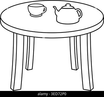 Tisch Tee Set Line Art Illustration Möbel Küche Minimal Design Stock Vektor