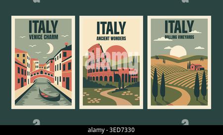 Vintage-Reiseplakate aus Italien im minimalistischen Retro-Stil. Nostalgische Stimmung Stock Vektor