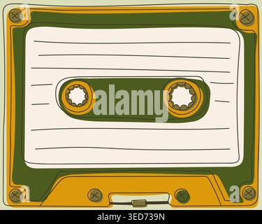 Kassette Retro Music Vintage-Technologie Audio Medien Grün Gelb Illustration. Old School Recording Device Analog Sound Format Nostalgie Konzept Stock Vektor