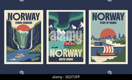 Vintage-Reiseplakate aus Norwegen im minimalistischen Retro-Stil. Nostalgische Stimmung Stock Vektor