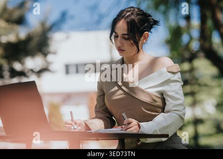 Eine junge Frau schreibt Notizen auf einem Laptop im Freien, studiert und arbeitet in einem Parkcafé Stockfoto