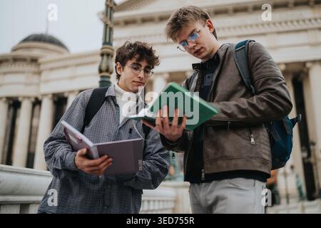Zwei Studenten studieren gemeinsam außerhalb eines Universitätsgebäudes, tauschen sich Notizen aus und besprechen die Studienarbeit Stockfoto