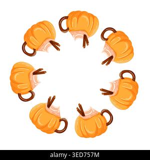 Kaffeetassen mit Kürbisgewürz, die in einem runden Rahmen angeordnet sind, bilden eine dekorative Grenze für Herbst- und Café-Menüs. Illustration im Cartoon-Stil. Stock Vektor