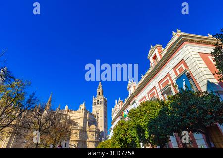 Besucher schlendern durch die lebendigen Straßen von Sevilla und bewundern atemberaubende Architektur und Wahrzeichen unter einem strahlend blauen Himmel. Stockfoto