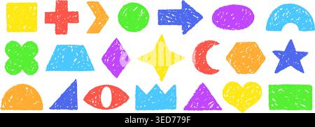 Buntstifte. Hand gezeichnete geometrische Formen, kindliche Geometrie Kreis quadratisches Dreieck Rechteck ovale Figur Stern Herz Pfeil Pastell Kreide abstrakte qualitative Vektor Illustration Original Kunstwerk Stock Vektor