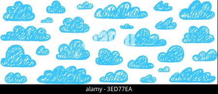 Buntstift Wolken. Hand gezeichneter Wolkenhimmel, bewölktes Wetter Pastelltextur Kinder Kreide Bleistift Pinsel Pinsel Strich Kritzelei nette Kinder Zeichnung Sommer bewölktes Element qualitative Vektor Illustration Original Artwork Stock Vektor