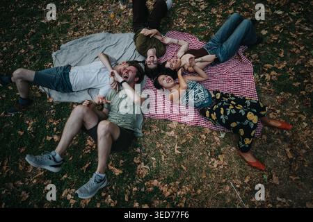 Vier Freunde liegen auf Picknickdecken und lachen im Herbst im Park zusammen Stockfoto
