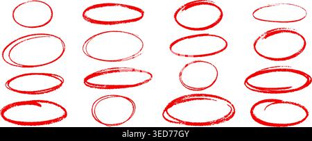Buntstifte. Hand gezeichnet rot Oval, Kreis unterstrichen Ellipse Hervorheben runde Form Kritzelstift Scribble Skizze Pinsel Linie Bleistift Kreidemarker qualitative Vektor Illustration Original Artwork Stock Vektor