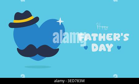 Happy Vatertag handgezeichnete Grußkarte in Herzform mit Schnurrbart und Hutillustration im flachen Design. Stock Vektor