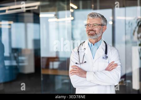 Erfahrener männlicher Arzt mit weißem Mantel und Stethoskop, stehend mit gekreuzten Armen und lächelnd selbstbewusst in einem modernen Krankenhaus oder Klinikumfeld, repräsentiert Gesundheit und Professionalität Stockfoto