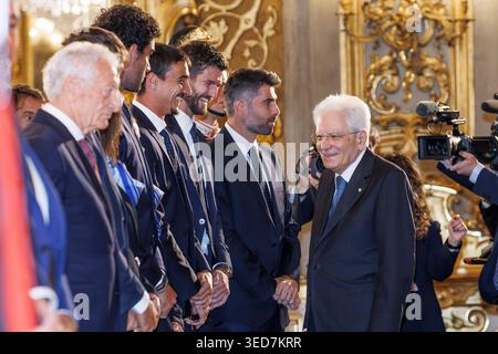 Rom, Italien. Mai 2026. Sergio Mattarella nimmt an dem Treffen mit den italienischen Tennisnationalmannschaften der Frauen und Männer in Rom Teil. Quelle: SOPA Images Limited/Alamy Live News Stockfoto