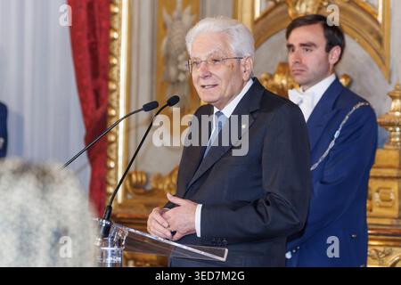 Rom, Italien. Mai 2026. Sergio Mattarella nimmt an dem Treffen mit den italienischen Tennisnationalmannschaften der Frauen und Männer in Rom Teil. Quelle: SOPA Images Limited/Alamy Live News Stockfoto