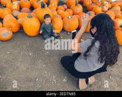 Rückansicht einer Frau, die auf dem Boden kniete und ein Foto von ihrem Sohn vor einem frisch geernteten Kürbisse machte, Draper, Utah, USA Stockfoto