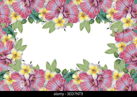 Aquarellrahmen mit rosa Hibiskusblüten, gelb-weißer Plumeria und grünen Blättern. Ideal für Hochzeitseinladungen, Kosmetikverpackungen, Spa und Summ Stockfoto