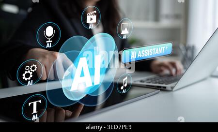 Digitale Integration der KI-Technologie in das tägliche Leben mit Virtual Assistant Icons für Sprach-, Musik- und Bildfunktionen Quark. Stockfoto