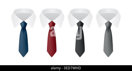 Vektor Krawatte Set mit weißen Kragen Hemden, isoliert. Klassische Herren-Businesskrawattensymbole In Blau, Rot Schwarz Und Grau. Formelles Büro Kleiderordnung Accessoires für Stock Vektor