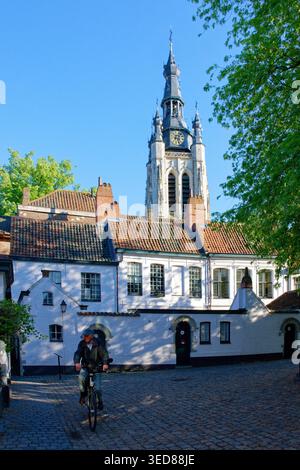 Belgien, Provinz Westflandern, Kortrijk, Beguinage Sint Elisabeth (Begijnhof Sint Elisabeth) von Kortrijk, die von der UNESCO zum Weltkulturerbe erklärt wurde und 1238 von der Gräfin von Flandern, Joan von Konstantinopel und den 41 weißen Häusern aus dem 17. Jahrhundert gegründet wurde und im Hintergrund die Kirche St. Martin (Sint Maerteenskerk) Stockfoto