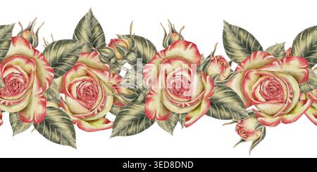 Nahtloser Blumenrand in Aquarellfarben mit Rosen, Knospen und Blättern im romantischen Vintage-Stil. Illustration für Hochzeitsdesign, Valentinstag, Muttertag, Frauentag, Schreibwaren und Dekor. Stockfoto