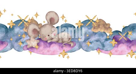 Niedliche Aquarellgrenze mit schlafender Maus auf bunten Wolken und goldenen Sternen. Weiche pastellfarbene Illustration, perfekt für Kinderzimmer Dekor, Babydusche Design, Kinderzimmer Tapeten und Geschenkpapier. Stockfoto
