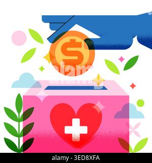 Medizinische Spende und Wohltätigkeitskonzept. Vektor-Illustration der Hand, die Dollarmünze in Spendenbox mit Herz und medizinischem Kreuz setzt. Abstrakte Geometrie Stock Vektor