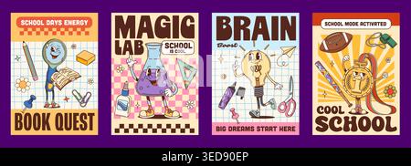 Y2K groovige Schreibwaren auf Schulpädagogungsplakaten mit lustigen Charakteren, Comicvektor. Y2K-Retro-Poster, groovige Schulschülermedaille, funky Lupe oder Hippie-Chemie-Laborfläschchen mit Happy Face Stock Vektor