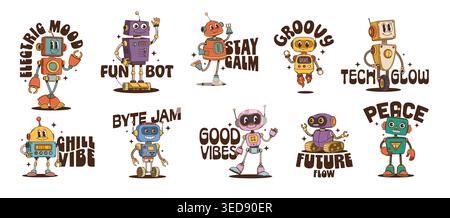 Roboter- und Droidenfiguren y2k groovige Aufkleber. Cartoon Vektor mechanische Cyborg-Persönlichkeiten mit Retro-Phrasen elektrische Stimmung, Future Flow, Good Vibes Fun Bot. Bleiben Sie ruhig, Chill Vibe Peace und Tech Glow Stock Vektor