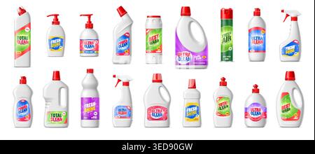 Reiniger, Flüssigseifenflasche und Waschmittelbehälter realistische Pakete. Vektorsatz von Haushaltsreinigungsmittelbehältern und Sprays. Desinfektionsmittel und Lufterfrischer in verschiedenen Formen und Etiketten Stock Vektor
