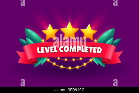 Spieloberfläche für Level Complete Icon mit Sternen und Band auf Kranz, Cartoon Vektor. Abzeichen oder Schild mit abgeschlossenem Level für den Erfolg des Spiels Glückwunsch zum Star-Banner mit Lorbeerblättern Stock Vektor
