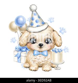 Aquarell festliche Komposition für einen Kindergeburtstag mit einer Illustration eines niedlichen Welpen in einem Hut, einem Kuchen, einem Geschenk mit Ballons, umgeben von pu Stockfoto