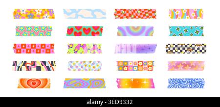 Klebeband mit Y2K-Ästhetik. Notiz Vektor-Klebestück, Tagebuch-Klebestreifen. Washi Tape Patch mit Sternen, Herzen und Blumen, Regenbögen und psychedelischen Wirbeln, geometrischem Muster Stock Vektor