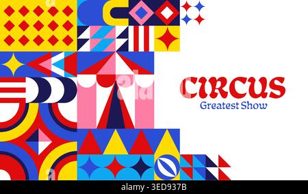 Zirkus-Showflyer mit geometrischem Muster. Vektor-Retro-moderner Gitterhintergrund, mit gestreiftem großen Zelt, abstrakten Formen und Karnevalsparty-Motiven, Blöcke Ornament, Familienshow Event Promotion Stock Vektor