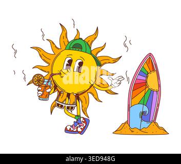 Cartoon-groovige Hippie-Sonnenfigur am Strand mit einem kühlen Drink, mit einer Mütze und Sonnenbrille und Surfbrettern im Sand in der Nähe. Vektor-Retr Stock Vektor