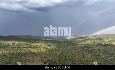 Aus der Vogelperspektive auf eine riesige grüne Landschaft mit sanften Hügeln unter dunklen Sturmwolken und einem doppelten Regenbogen in Waterberg District Municipality, Limpopo, Sou Stockfoto