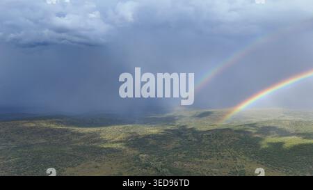 Luftaufnahme eines Doppelregenbogens, der sich über eine weite grüne Landschaft unter dunklen Sturmwolken in Waterberg District Municipality, Limpopo, South AF erstreckt Stockfoto