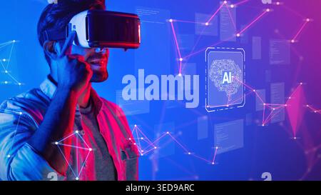 Ein Mann mit einem Virtual-Reality-Headset erkundet eine lebendige digitale Landschaft mit Konzepten von künstlicher Intelligenz und Verbindung Stockfoto