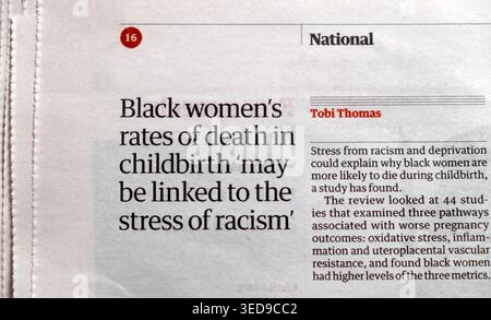 „Die Todesrate schwarzer Frauen bei der Geburt kann mit dem Stress des Rassismus in Verbindung gebracht werden“ Guardian-Zeitung Schlagzeile 29 April 2026 London Großbritannien Großbritannien Stockfoto