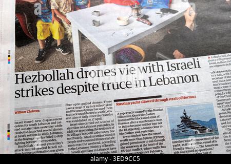 "Hisbollah-Drohnen wetteifern mit israelischen Streiks trotz Waffenstillstand im Libanon", titelt die Zeitung US Israel Nahost-Krieg 29 April 2026 London UK Stockfoto