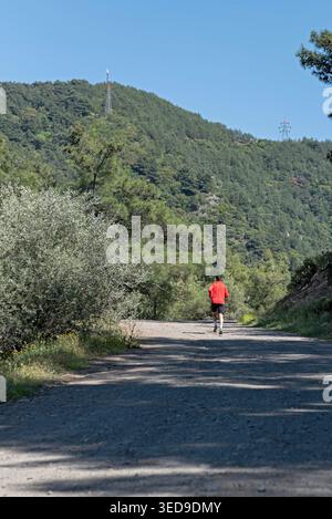 Aktiver Mann in roter Jacke, der auf einem sonnigen Kiesweg durch einen üppigen grünen Wald joggt, repräsentiert einen gesunden Lebensstil und Outdoor-Bewegung. Stockfoto