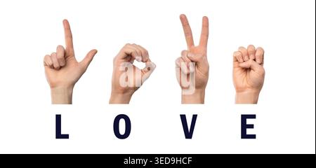 Wort Liebe Finger Rechtschreibung in American Sign Language ASL Stockfoto