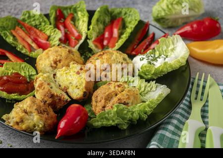 Ein Teller mit gebackenen Bällchen, Pizzabällchen umgeben von Salatblättern, Pfefferstreifen und Dip Stockfoto