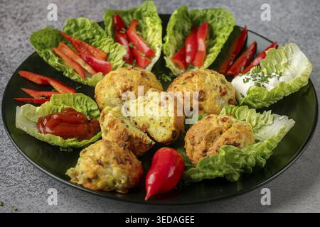 Ein Teller mit gebackenen Bällchen, Pizzabällchen umgeben von Salatblättern, Pfefferstreifen und Dip Stockfoto