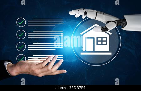 Eine Roboterhand greift auf eine menschliche Hand und symbolisiert die Zusammenarbeit zwischen Technologie und Immobilien und zeigt zukünftige Möglichkeiten in Stockfoto
