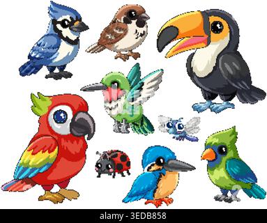 Flache Vektor-Illustration von bunten Zeichentrickvögeln und Insekten isoliert auf einem weißen Hintergrund Stock Vektor