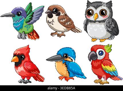 Sechs bunte Zeichentrickvögel, darunter Eulen, Papageien und Kolibris, isoliert auf weißem Hintergrund Stock Vektor